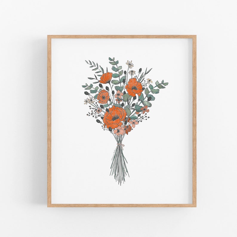 Poppy Bouquet Art Print Botanical Art, Wildflowers Print, Retro Artwork, Inspirational Wall Art, vintage Inspired Art, Boho Art Print image 3