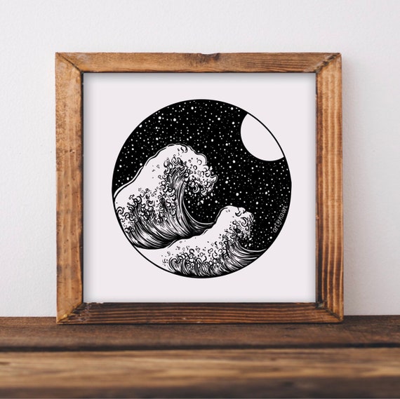 Waves Night Sky Art Print Ocean Illustration for Beach or | Etsy