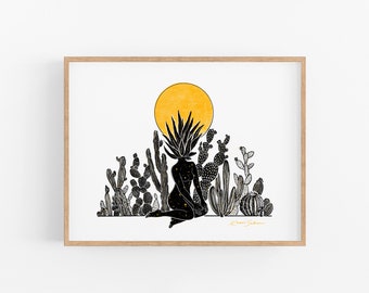 Her Desert Sun Art Print - Cactus, Sun Goddess Illustration