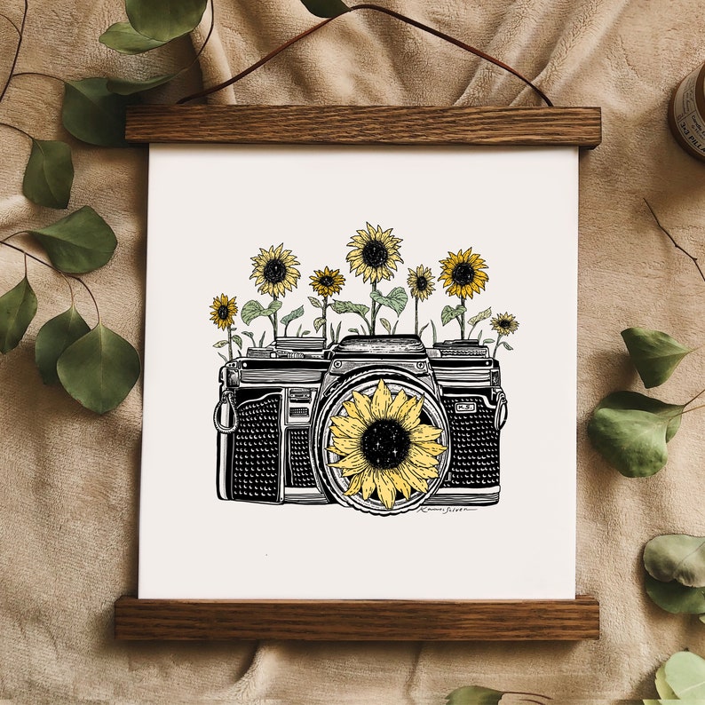 Sunflower Camera in Color Art Print Yellow Floral Photographer Boho Wall Print Botanical Vintage Artwork Pen Ink Flower Illustration image 2