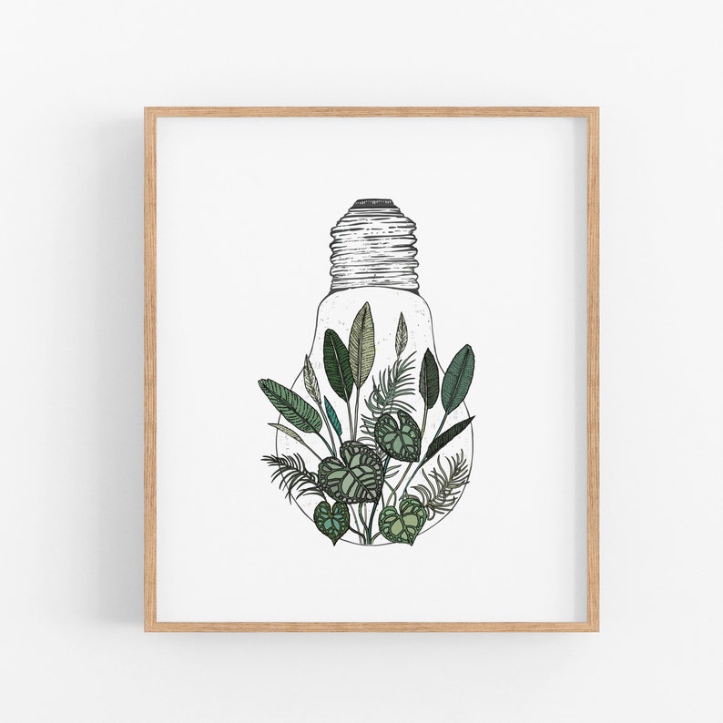 House Plant Lightbulb Art Print Botanical Wall Art Boho Art Plant Lady Print Jungle Monstera Drawing Pen Illustration Bohemian Vintage Art image 1