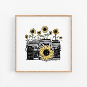 Sunflower Camera in Color Art Print Yellow Floral Photographer Boho Wall Print Botanical Vintage Artwork Pen Ink Flower Illustration image 4