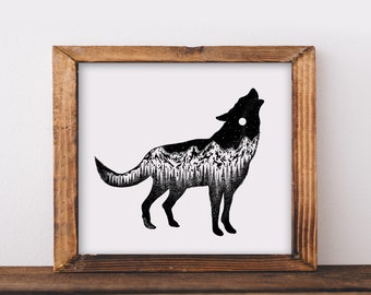 Mountainous Wolf Art Print - Wolf Art, Nature Drawing, Animal Print, Wildlife Art Print, Black and White Print, Pen and Ink Drawing