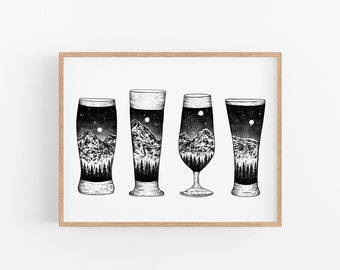 Mountain Beer Glasses Art Print - Beer lovers wall art, craft beer decor, beer artwork for kitchen, living room, Gallery Wall beer art