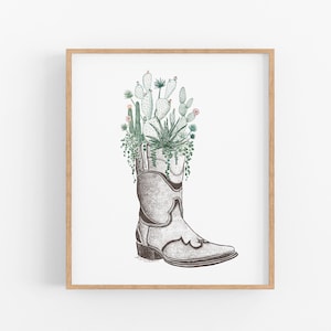 Kaktus und Sukkulenten Cowboy Stiefel in Farbe Kunstdruck - Wüsten inspirierte Feder und Tinte Malerei Pflanzen Illustration Botanische Wand Kunst Dekor