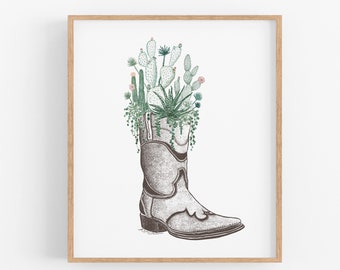 Cactus and Succulent Cowboy Boot in Color Art Print - Desert Inspired Pen and Ink Painting Plant Illustration Botanical Wall Art Decor