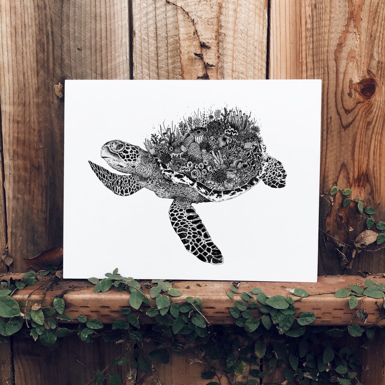 Coral Turtle Art Print Turtle Drawing Turtle Art Beach Print Ocean Art Under the Sea Art Coast House Wall Art Print image 3