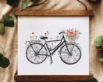 Bicycle Blossoms Art Print - Tirage d’art de vélo, Mignon Vélo Flower Market Print Ink Bicycle Art, Cadeau de cycliste Art de vélo floral