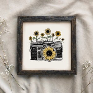 Sunflower Camera in Color Art Print Yellow Floral Photographer Boho Wall Print Botanical Vintage Artwork Pen Ink Flower Illustration image 1