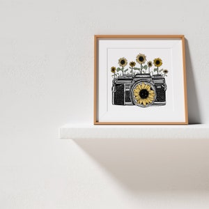 Sunflower Camera in Color Art Print Yellow Floral Photographer Boho Wall Print Botanical Vintage Artwork Pen Ink Flower Illustration image 5