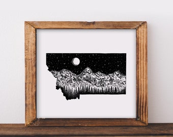 Rocky Mountains + Montana State Outline Fine Art Print