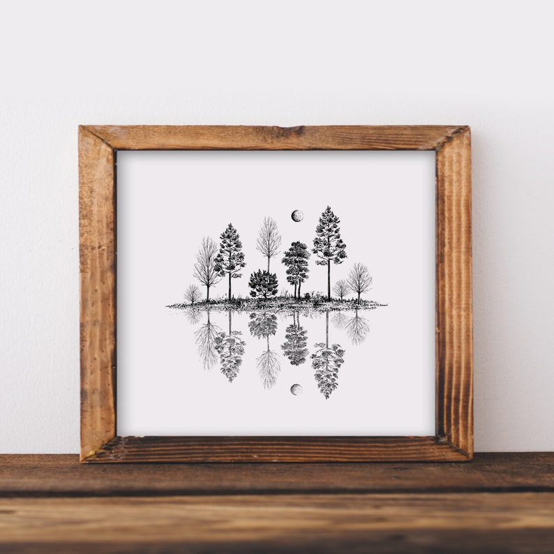 Tree Reflections Art Print Black and White, Pine Tree Print, Tree Drawing, Black and White Ar Cabin Decor Pen and Ink Drawing, Nature Art image 3