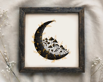 Golden Mushroom Moon Art Print - Magical Print lune art moon print fantaisiste art cottage core fungi wall art champignons dessin art art