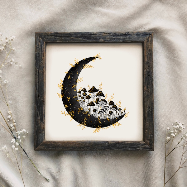 Gouden Paddestoel Moon Art Print - Magical Print maan kunst maan print grillige art cottage kern schimmels muur kunst paddenstoel tekening kunst