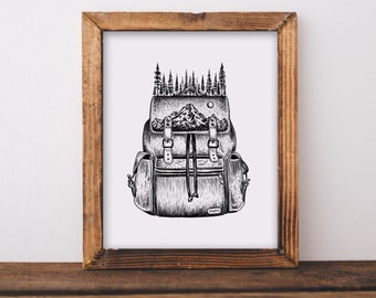 Forest Backpack Art Print Camping Aesthetic, Adventure Print Wanderlust Print Cabin Decor, Hiker Art Print, Hiking Wall Art, Pine Tree Print