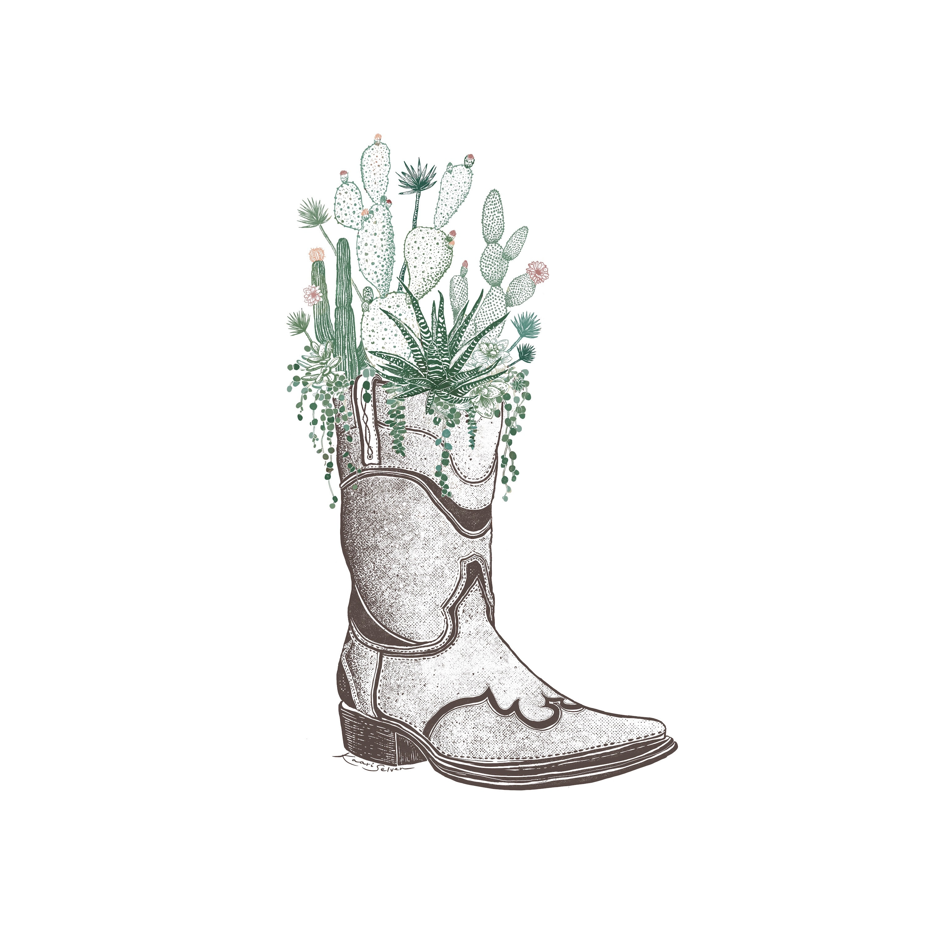 Cactus and Succulent Cowboy Boot in Color Art Print Desert