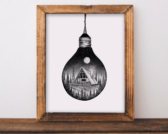 Cabin + Lightbulb Art Print, Camping, Adventure, Nature-Inspired Decor for Rustic Cabin, Lake House, Dorm or Bedroom Decor