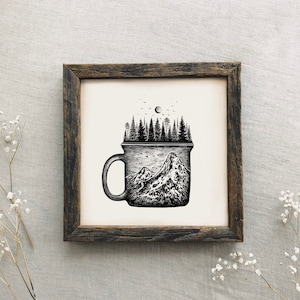 Forested Coffee Mug Art Print Wanderlust Wall Art Print Coffee Lover Print Cozy Wall Art Coffee Print Pine Tree Art Print Camping Aesthetic