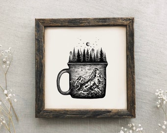 Forested Coffee Mug Art Print Wanderlust Wall Art Print Coffee Lover Print Cozy Wall Art Coffee Print Pine Tree Art Print Camping Aesthetic