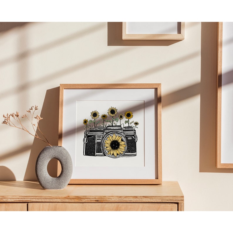 Sunflower Camera in Color Art Print Yellow Floral Photographer Boho Wall Print Botanical Vintage Artwork Pen Ink Flower Illustration image 3