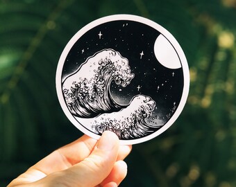 Waves + Night Sky Vinyl Sticker  - Waterproof Adventure, Nature, Ocean Water Bottle Sticker, Car, Laptop, Phone Decal, Best Friend Gift