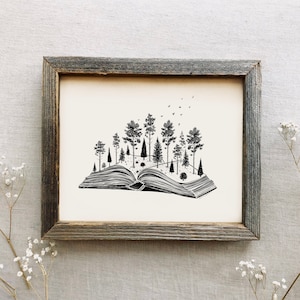 Forested Book Art Print - Book Lovers Wall Art Nature Drawing Art Reading Trees Forest Print Nature Artwork Illustration