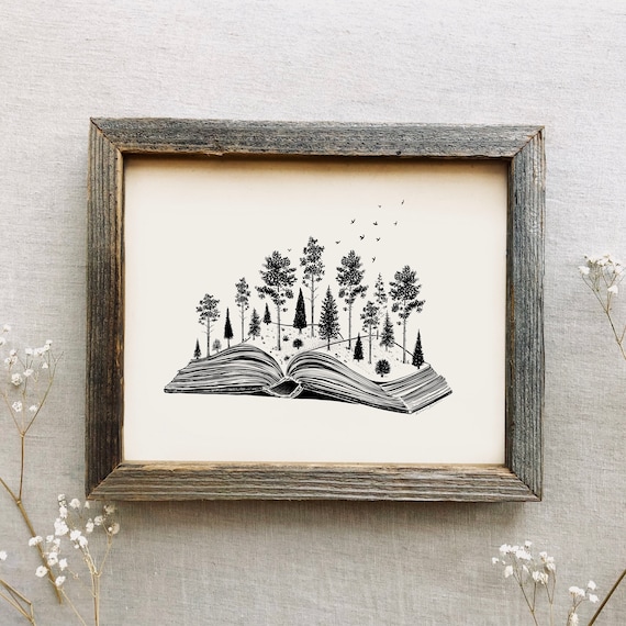 Forested Book Art Print Book Lovers Wall Art Nature Drawing | Etsy