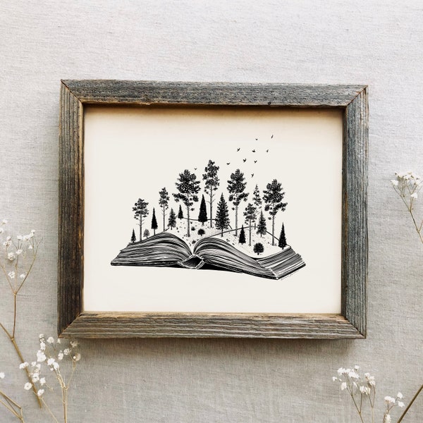 Forested Book Art Print - Book Lovers Wall Art Nature Drawing Art Reading Trees Forest Print Nature Artwork Illustration