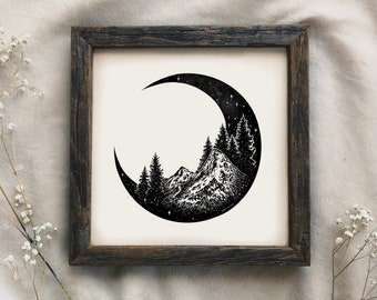 Mountains and Forest Crescent Moon Art Print - Wanderlust Wall Art Print Celestial Moon Phases Artwork Pen Ink Black and White Drawing