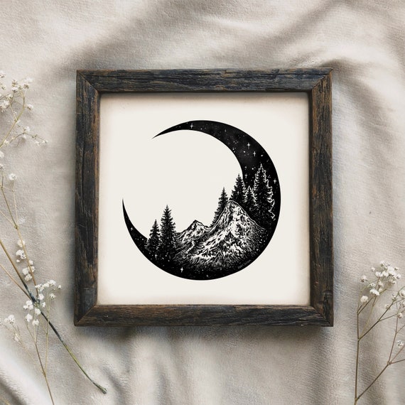 Mountains and Forest Crescent Moon Art Print Wanderlust Wall Art Print  Celestial Moon Phases Artwork Pen Ink Black and White Drawing -  Canada