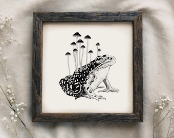 Mushroom Frog Art Print - kikkerliefhebbers, kikkertekening, cottage core print kikker cadeau tuinman kunst paddestoel print paddestoel decor, tuinkunst