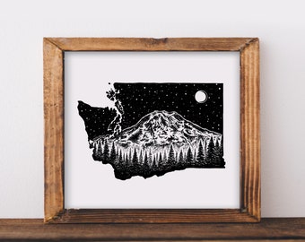 État de Washington + Mt. Rainier Art Print Pacific Northwest PNW print PNW wall art, Seattle Wall Art Northwest Art Washington Drawing Ink