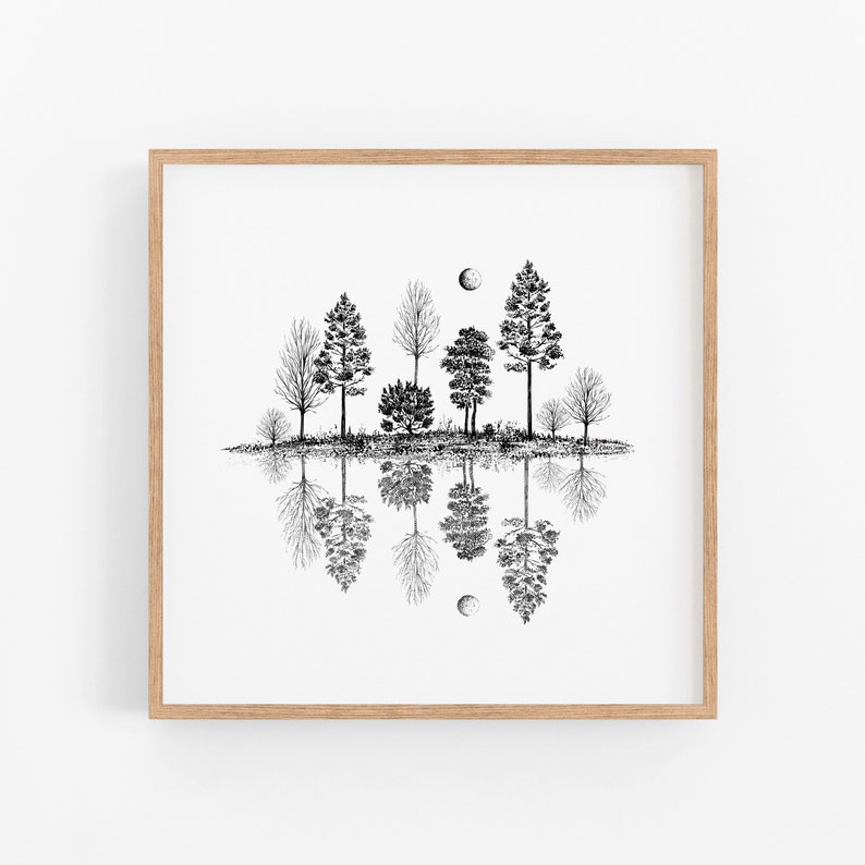 Tree Reflections Art Print Black and White, Pine Tree Print, Tree Drawing, Black and White Ar Cabin Decor Pen and Ink Drawing, Nature Art image 5