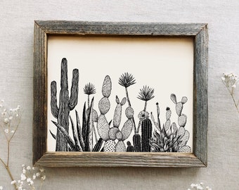 Growing Cactus Art Print - Succulent Wall Art, Cactus Landscape Illustration, Plant Lover Art Print Ink Cactus Southwest Wall Art, Ink Plant