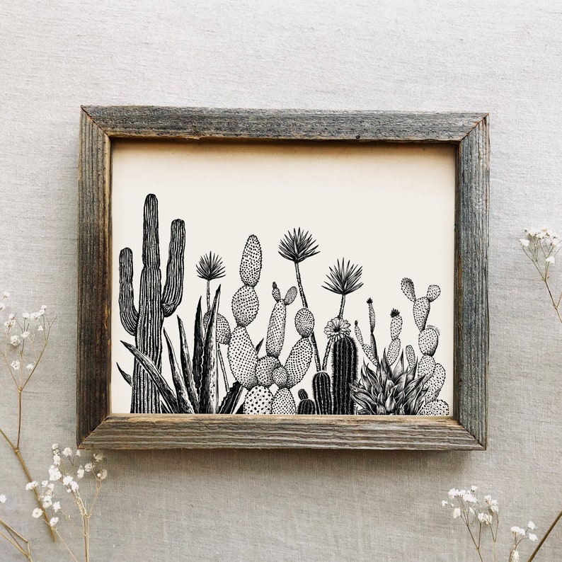 Growing Cactus Art Print Succulent Wall Art, Cactus Landscape Illustration, Plant Lover Art Print Ink Cactus Southwest Wall Art, Ink Plant image 1