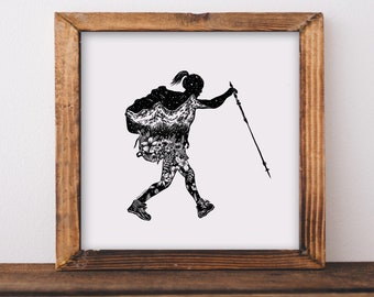 Floral Hiker Art Print: Mountain Wanderlust Illustration, Backpacking Art