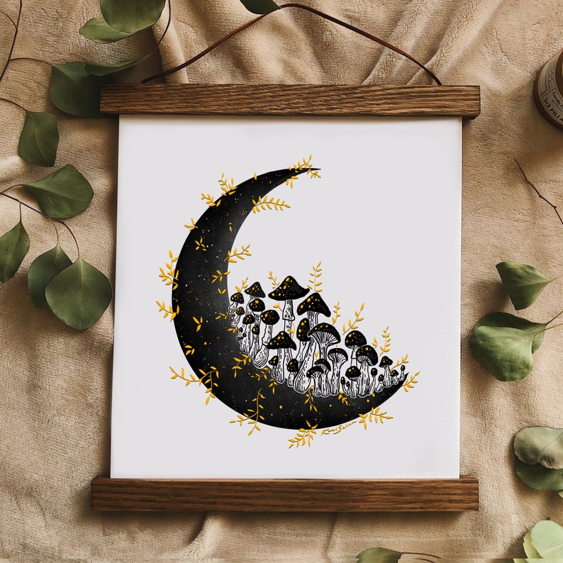 Golden Mushroom Moon Art Print Magical Print moon art moon print whimsical art cottage core fungi wall art mushroom drawing art image 3