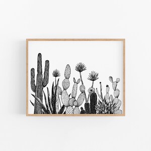 Growing Cactus Art Print Succulent Wall Art, Cactus Landscape Illustration, Plant Lover Art Print Ink Cactus Southwest Wall Art, Ink Plant image 4