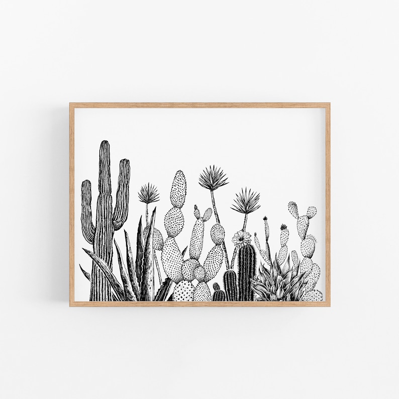 Growing Cactus Art Print Succulent Wall Art, Cactus Landscape Illustration, Plant Lover Art Print Ink Cactus Southwest Wall Art, Ink Plant image 4