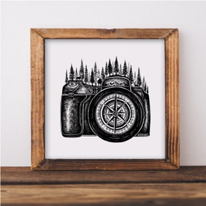 Forested Camera + Compass Art Print - camera drawing, photographer gift, vintage  camera wall art, camera illustration, pen ink