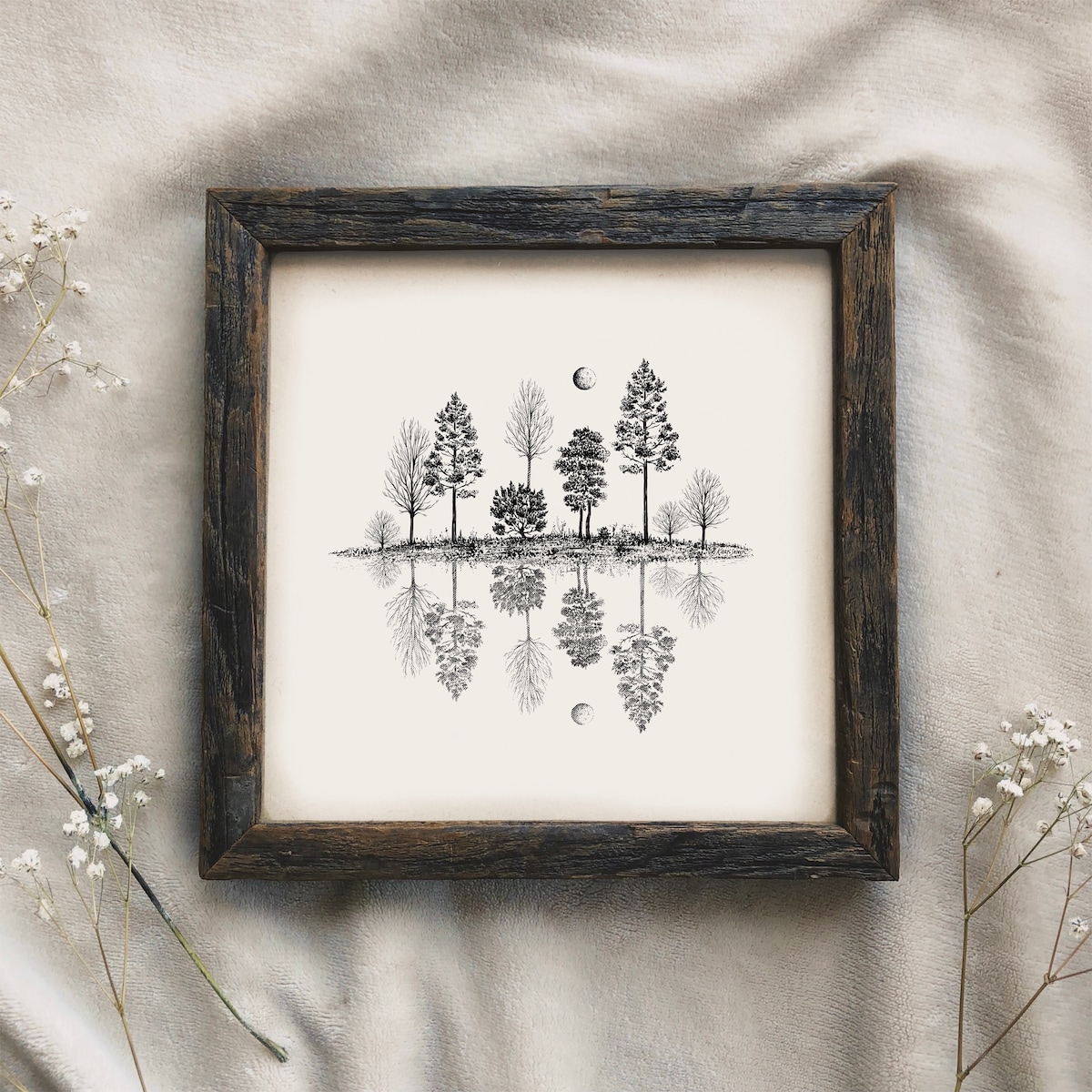 8x8 Pine Tree Reflection Art Print: Black and White Pen & Ink Drawing