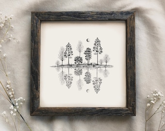 Tree Reflections Art Print - Black and White, Pine Tree Print, Tree Drawing, Black and White Ar Cabin Decor Pen and Ink Drawing,  Nature Art