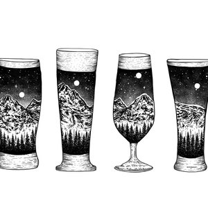 Mountain Beer Glasses Art Print Beer lovers wall art, craft beer decor, beer artwork for kitchen, living room, Gallery Wall beer art image 2