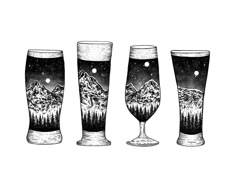 Mountain Beer Glasses Art Print Beer lovers wall art, craft beer decor, beer artwork for kitchen, living room, Gallery Wall beer art image 2