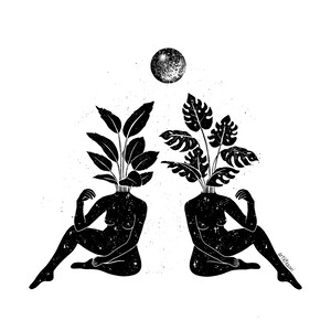 May include: Black and white illustration of two figures seated on the ground, with plants growing from their heads. A full moon is above them. The figures are covered in stars, and the art style is minimalist.