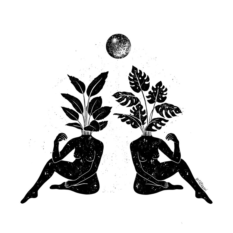 May include: Black and white illustration of two figures seated on the ground, with plants growing from their heads. A full moon is above them. The figures are covered in stars, and the art style is minimalist.
