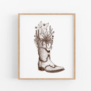 Cacti and Succulent Cowboy Boot Art Print - Desert Inspired Pen and Ink Artwork Cactus Plant Illustration Botanical Wall Art Decor