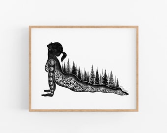 Yoga Pose II Art Print: Woman Yogi Gift, Pine Tree Art