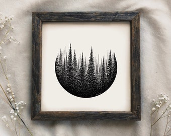 Treescape Circle Art Print - Fir Tree Print, Camping Aesthetic Cabin Decor Pine Tree Art Wilderness Explorer Evergreen Print Wanderlust Art