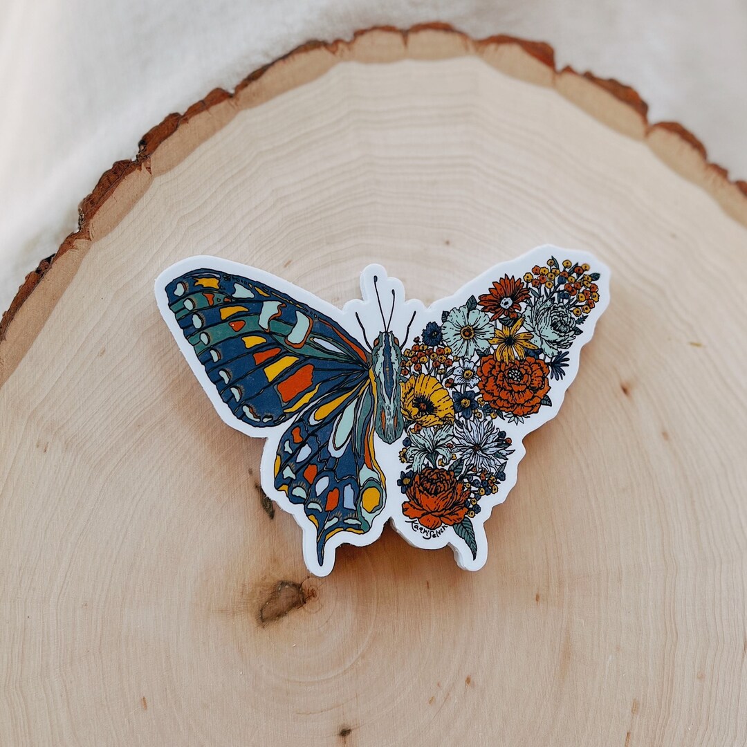 Blooming Butterfly Vinyl Sticker: Waterproof Flower Decal - Etsy